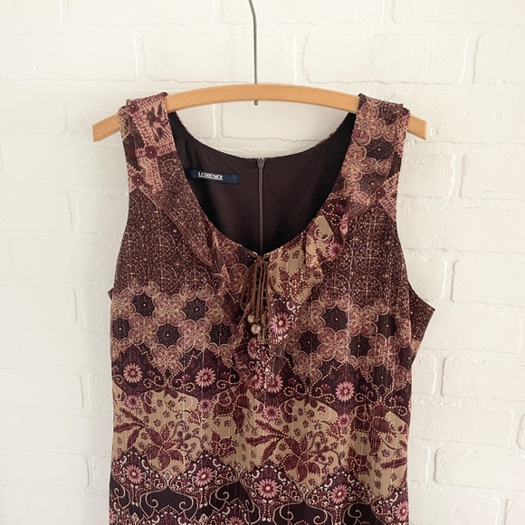 Vintage Y2K 90s midi dress Tiered Boho Burgundy Metallic Mixed print Sz 15 - Picture 2 of 15